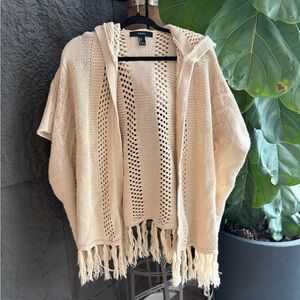Forever 21 Beige Open Knit Hooded Cardigan with Fringe